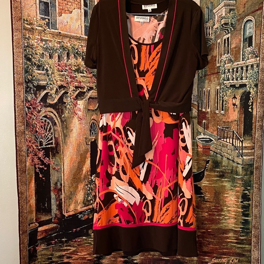 Studio I Vibrant Brown and Pink Dress with Removable Cardigan.